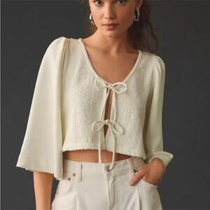 Anthropologie Sequin Tie-Front Top White Size M